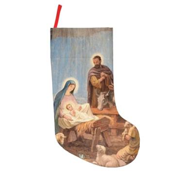 Imagem de YETTA YANG Presépio de Natal Religioso Vintage Retrô 45,7 cm Meias de Natal Grandes Meias Penduradas para Decoração de Natal