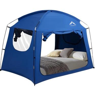 Imagem de UNIHIMAL Barraca de cama para uso interno portátil com redução de luz, tenda de dossel de tamanho completo, respirável, leve, espaço privado para cama (azul)