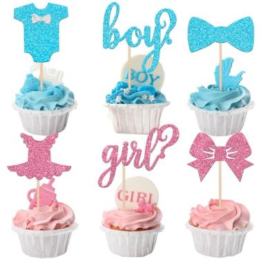 Imagem de Pacote com 24 topos de cupcake para meninos ou meninas rosa e azul glitter chá de bebê palhetas de cupcake gravata borboleta macacão enfeite de bolo decorações para chá de bebê crianças artigos de