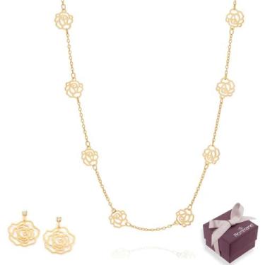 Imagem de Kit Colar + Brincos Rommanel Rosas Vazadas Banhado A Ouro 18k