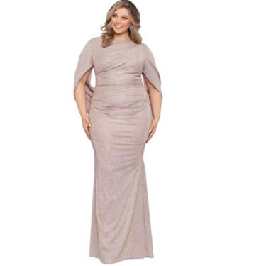 Imagem de Betsy & Adam Vestido feminino plus size longo com glitter, manga drapeada, decote drapeado e zíper oculto nas costas, Branco/Rosa/Dourado, 48