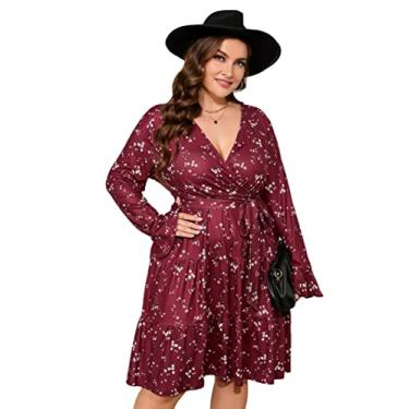 Imagem de KOJOOIN Vestido feminino plus size com decote em V, cintura alta, babados, manga comprida, vestido midi com cinto, Flor vinho tinto, XGG