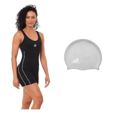 Imagem de Kit Maiô Macaquinho Helanca Natação E Touca De Silicone Grande (Preto/Branco Touca Prata, M)