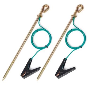 Imagem de CYANTEKOMS Haste de aterramento portátil com fio de aterramento listado UL de 1,2 m 12AWG com clipe de crocodilo, ótimo para cercas elétricas, antenas, gerador (conjunto de 2)