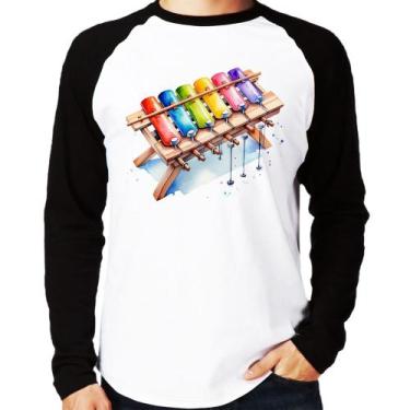 Imagem de Camiseta Raglan Xilofone Manga Longa - Foca na Moda, Branco, Preto, G
