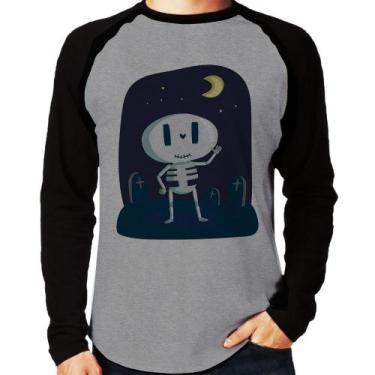 Imagem de Camiseta Raglan Esqueleto Manga Longa - Foca na Moda, Cinza, Preto, G