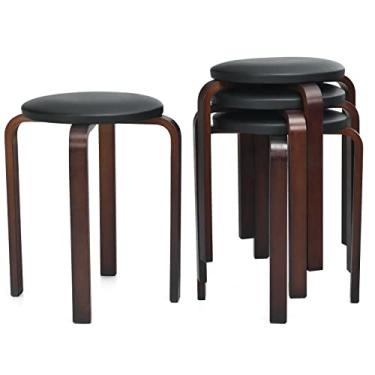 Imagem de Conjunto de 4 bancos de bar Hysache, bancos redondos sem costas nuas com assento acolchoado e tapetes antiderrapantes, bancos de jantar empilháveis de madeira para cozinha, casa, jardim, sala de estar