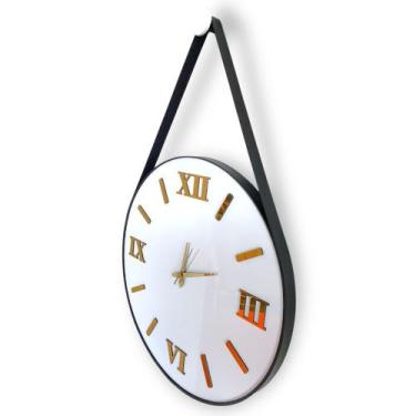 Imagem de Relógio de Parede 40cm Fundo Branco, Algarismos Romanos 3D Dourados, A