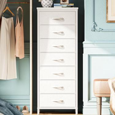 Imagem de Huuger Cômoda alta para quarto, cômoda de 7 gavetas e cômodas, tecido para armário, quarto, mesa de cabeceira, mesa de canto com moldura de metal, torre de armazenamento com caixas de tecido, couro PU