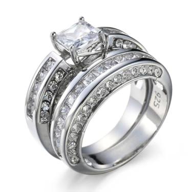 Imagem de Narica Anel feminino banhado a prata com topázio branco CZ zircônia cúbica preenchida com pavê e noivado para casamento, 2 peças, conjunto de auréola para mãe, amante nupcial, nº 8