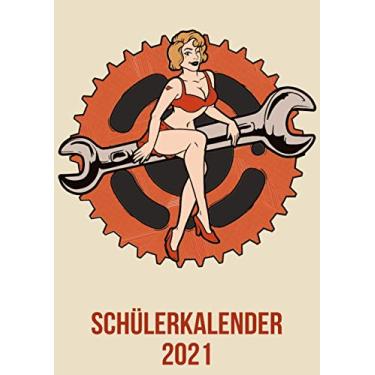 Imagem de Schülerkalender 2021: DIN A4 Kalender von 01/2021-12/2021 1 Tag = 1 Seite mit großem Tageskalender und großartiger Übersicht. Monatsübersicht, ... / Motorradfahrer Pin up heartbeat herzschlag
