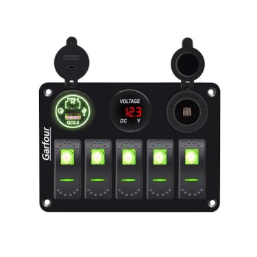 Imagem de Garfour Green 5 Gang Interruptor de Barco Impermeável Painel Balancim Marítimo com Voltímetro de 12V Tipo-C e Tomada de Carregamento USB QC 3.0 para Carro Barco