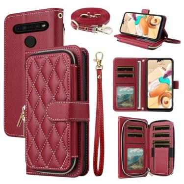Imagem de Dswteny Argyle Capa carteira para LG K61/Q61/K51S/K41S com alça de pulso, alça de ombro, bolsa com zíper de couro PU de luxo flip suporte para cartão de crédito capa de celular para K 61 51S 41S 41S