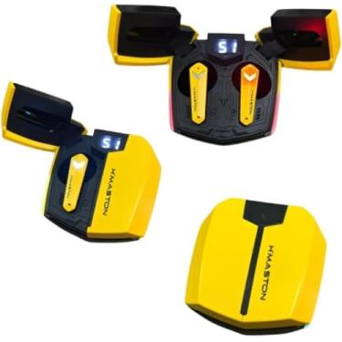 Imagem de H'MASTON Fone de Ouvido Gamer Bluetooth 5.3, Sem Fio, Recarregável, Amarelo e Preto