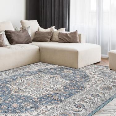 Imagem de Mcadore Tapete vintage, tapetes laváveis 22 x 30,5 cm para sala de estar, quarto, interior, tapetes envelhecidos boho com detalhes country, tapete fino de pelo baixo para crianças (azul marinho/cinza)