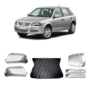 Imagem de Kit Maçaneta 2 Portas Retrovisor Capa Para Tampa de Combustivel Protetor Bandeja de Porta Malas Aplique para Grade Dianteira Adaptavel para Gol G3 G4 2000 2014 Aplique Cromado