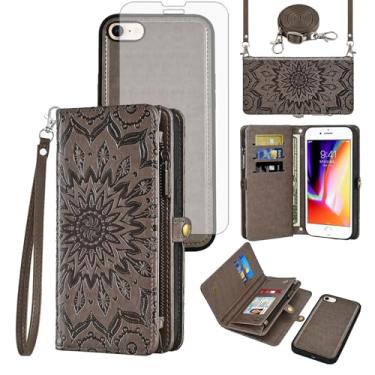 Imagem de Asuwish Capa de celular para iPhone 7/8/SE 2020/2022 carteira com zíper com alça protetora de tela flor flip iPhone7 iPhone8 7s 8s i SE2020 SE2022 2/2nd/3/3ª geração SE2 SE3 7SE 8SE 8SE feminina cinza