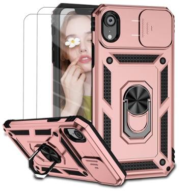 Imagem de Capa para iPhone XR Capinha | com 2 peças de protetor de tela temperado com janela deslizante da câmera e suporte para telefone incluídos - Rosa