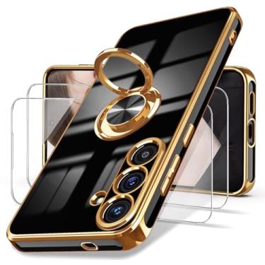 Imagem de Dretal Capa para Samsung Galaxy 25 Plus 5G, protetor de tela, suporte magnético giratório de 360°, borda dourada, fina, macia, TPU (preta)