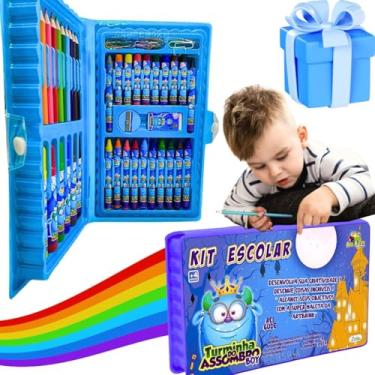 Imagem de Kit escolar volta as aulas menina infantil papelaria material fofa presente feminino maleta estojo fofa 48 peças rosa lapis de colorir canetinhas regua borracha apontador pincel criança 4 anos (Azul)