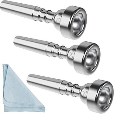 Imagem de Bocal de trompete prateado 7C 5C 3C conjunto de boquilhas de trompete com pano de limpeza de caixa compatível com instrumentos musicais Yamaha Bach Conn King para iniciantes e jogadores profissionais pacote com 3