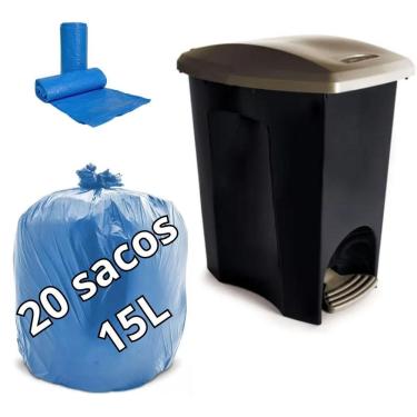 Imagem de Lixeira De Plástico Com Pedal 14L + 20Un Saco De Lixo Azul