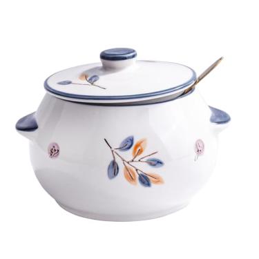 Imagem de Açucareiro grande de cerâmica com tampa e colher de sal de porcelana para temperos, especiarias, 440 ml, motivo floral (lh)