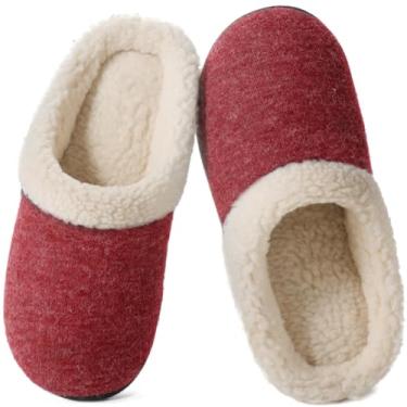 Imagem de WishCotton Pantufas femininas aconchegantes de espuma viscoelástica felpuda de lã com forro de lã de pelúcia com sola de borracha antiderrapante para uso interno e externo, Vinho, 11-12