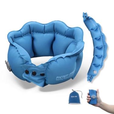 Imagem de Travesseiro de pescoço para viagem, almofada de pescoço inflável ajustável para viagem, descanso de cabeça ergonômico portátil de inflação rápida e esvaziamento para dormir em viagens (azul oceano)