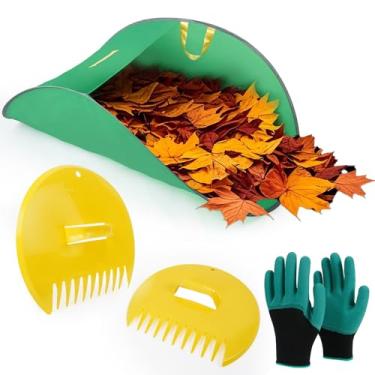 Imagem de UNQBEW Coletor de folhas, sacos de folhas dobráveis portáteis, sacos de lixo de jardim de quintal, com ancinhos de mão, garras e luvas leves para pegar folhas, recortes, grama
