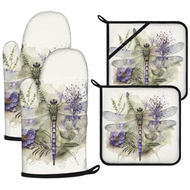 Imagem de Conjuntos de luvas de forno e suportes de panela Dragonflies 4 peças, luvas de forno extralongas para cozinha, cozinhar, assar, churrasco, 100% algodão, resistente ao calor