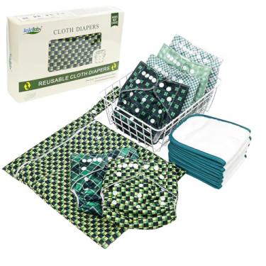 Imagem de Fralda de pano para bebê, tamanho único, capas de fraldas de pano, pacote com 6 inserções e 1 bolsa úmida ajustável, lavável, reutilizável para bebês meninas e meninos (verde)