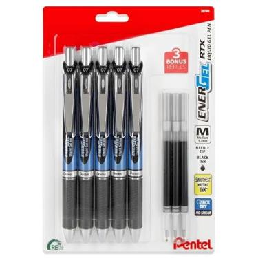 Imagem de Pentel Energel Deluxe RTX Canetas de ponta de agulha de 0,5 mm – Conjunto de canetas de gel líquido retrátil – Pacote com 5 canetas pretas com 3 recargas