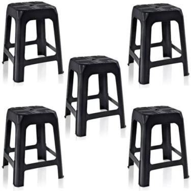 Imagem de Kit 5 Banquetas de Plástico Preta Banquinho Empilhável - Plastics