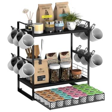 Imagem de OGEMXU Porta-canecas de bancada, organizador de bar de café com painel de madeira de duas camadas com 12 ganchos para canecas, organizador de estação de café de bancada de 3 níveis, rack de café
