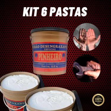 Imagem de Kit 6 Pastas Pinheiro Sabão Desengraxante Para Mãos Limpeza 4,5 Kg Esp