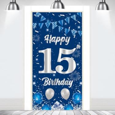Imagem de Banner de porta de feliz aniversário para meninos meninas decorações de aniversário de 15 anos azul capa de porta de aniversário de 15 anos suprimentos de fundo para decoração de aniversário ao ar