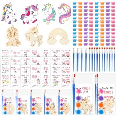 Imagem de Leinuosen 28 conjuntos de kits de artesanato de pintura em madeira de unicórnio a granel com materiais de arte e cartões de agradecimento para festa de aniversário, lembrancinhas, prêmios