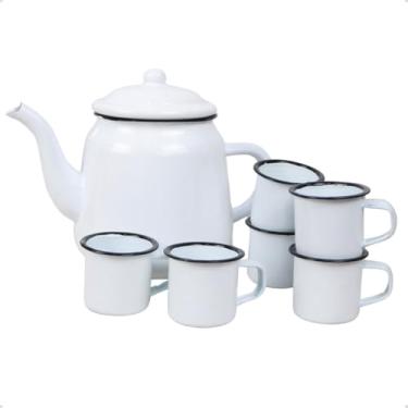 Imagem de Kit Bule Ferro Esmaltado 1,7L Bico de Ganso com 6 Xícaras 90ml Rústicas