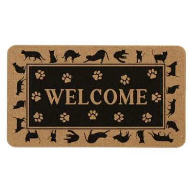 Imagem de Kuyuayee Tapete de porta Cat Welcome 76 x 43 cm preto para gatos capacho para ambientes internos e externos, antiderrapante, lavável, decoração de casa para animais de estimação