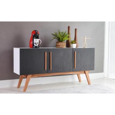 Imagem de Balcão Buffet Para Sala De Jantar Mdf Branco Pés Jatobá 3 Portas Preta