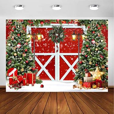 Imagem de Avezano Pano de fundo para fotografia de Natal, rústico, vintage, madeira, vermelho, porta de celeiro, foto de fundo com árvores de Natal nevadas, retratos de família, decoração de estúdio (3 x 2,4 m)