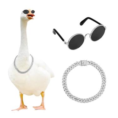 Imagem de BOXOB Chain Collar and Sunglasses Porch Goose Outfits for 23"/ 17'' Lawn Goose Statue Sunglasses Rhinestone Collar for Garden Patio Yard Retro Pet Cosplay Party (Silver, Silver Grey)