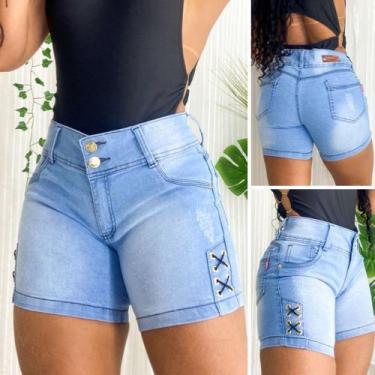 Imagem de Short Jeans Feminino Cintura Alta Meia Coxa Detalhe em Ilhós com Lycra