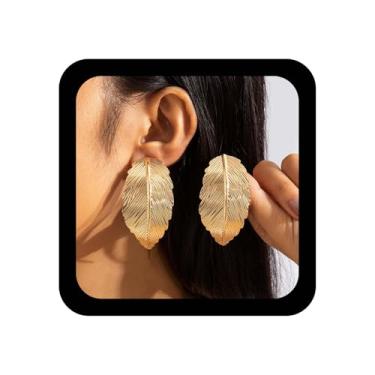 Imagem de Xduargs Brincos punk grandes de folha vintage brincos grandes punk metal grosso brincos grossos para mulheres (ouro), Zinco, Sem pedra preciosa