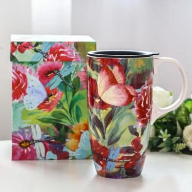 Imagem de DUSVALLY Caneca reutilizável de cerâmica para viagem de café de 500 ml com tampa e alça - Caneca grande com caixa de cores para homens e mulheres trabalho de escritório - segura para micro-ondas e