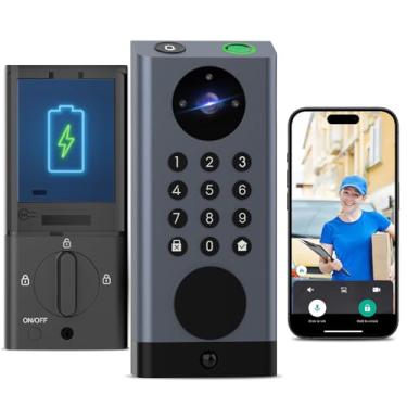 Imagem de Fechadura de porta inteligente com fechadura de câmera com campainha de vídeo PIR Detecção de movimento Fechadura da porta frontal com código de teclado de impressão digital, bateria de longa duração,