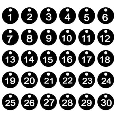 Imagem de PATIKIL 1-30 etiquetas numeradas de plástico redondo numerado identificação identificação chave pendurar etiqueta para chaveiro de dormitório caixa de armário de academia, preto com texto branco