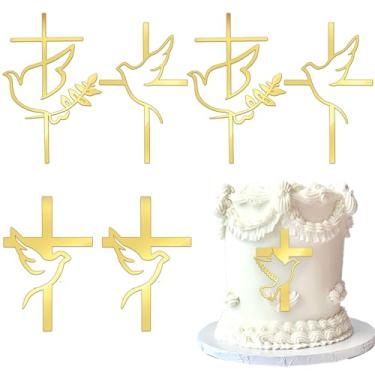 Imagem de 4 Pack Acrylic Baptism Cake Topper Mirror Acrylic Gold Dove Cross Cupcake Toppers First Communion Cake Decorations for Baby Shower Birthday Christian Party Decorations