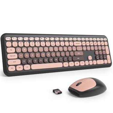 Imagem de Fogruaden Combo de teclado e mouse sem fio, máquina de escrever retrô colorida, teclado de tamanho completo com teclas redondas flexíveis, baixo ruído para uso doméstico e escritório, compatível com